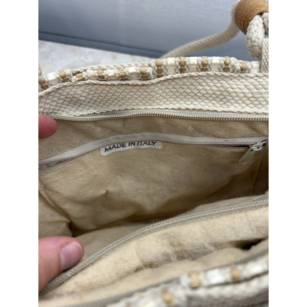 Vintage Handbag White & Brown Straw Woven Purse Rope Handles Made In Italy - Picture 7 of 10